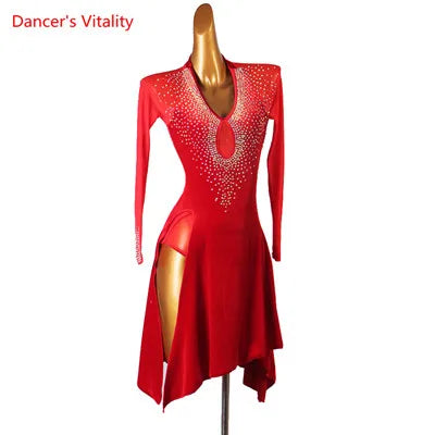 Latin Dance Dress Women Black Rhinestone Mesh Long Sleeve Keyhole Velvet Slit Skirt