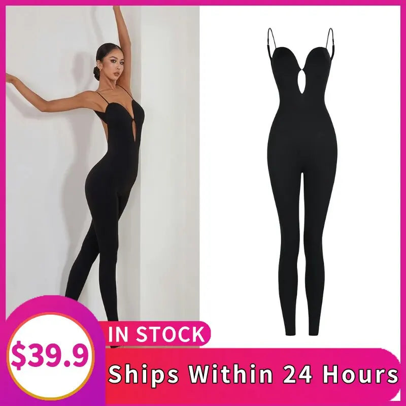 Women's Black Spandex Cut-Out Bodysuit Jumpsuit for Contemporary Dance