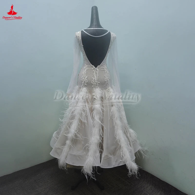 Ballroom Dance Dress With Puff Sleeves And Backless, White, For Adult Wedding And Performance