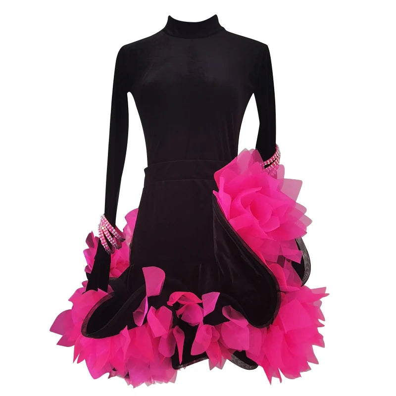 Women's Black Velvet Latin Dance Dress with Hot Pink Ruffles and Rhinestone Details