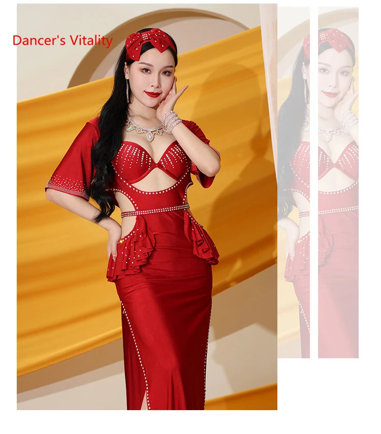 Belly Dance Dress Women's Purple Sequin Cut-Out Slit Maxi Dress with Headband and Jewelry