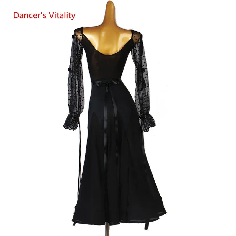 Women's Black Sheer Polka Dot Long Sleeve V-Neck Ballroom Dance Dress