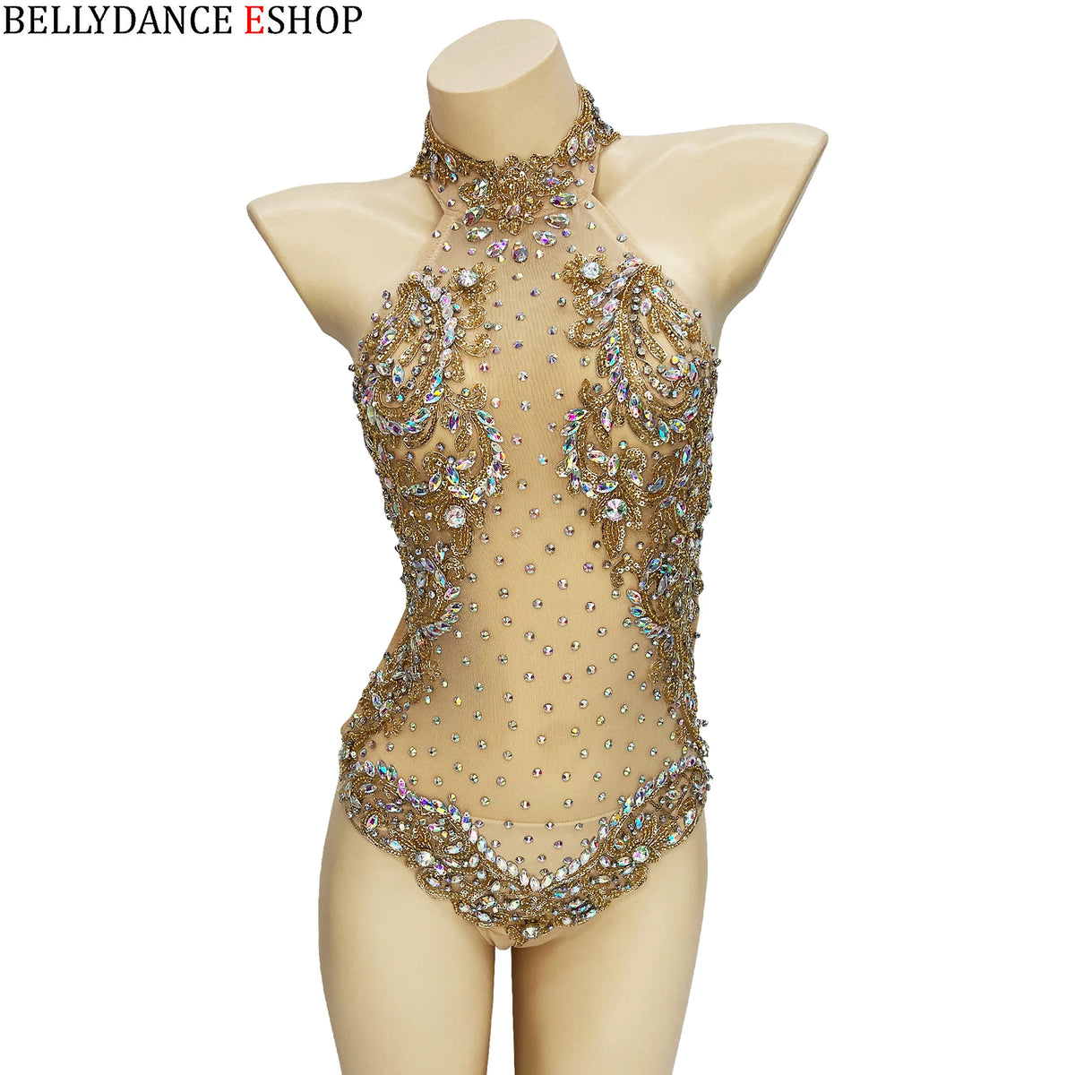 Women's Gold and Green Beaded Halter Neck Bodysuit, Ballroom Dance