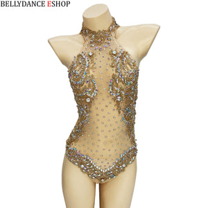 Women's Gold and Green Beaded Halter Neck Bodysuit, Ballroom Dance