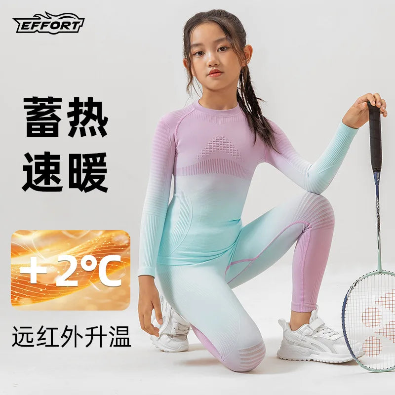 Kids' Gradient Pink & Blue Long Sleeve Thermal Base Layer Set, Badminton Activewear