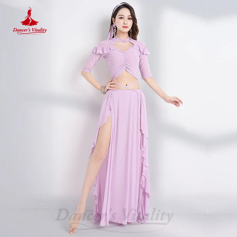 Women's Fuchsia Sparkle Mesh Ruffle Belly Dance Costume Set with High Slit Skirt