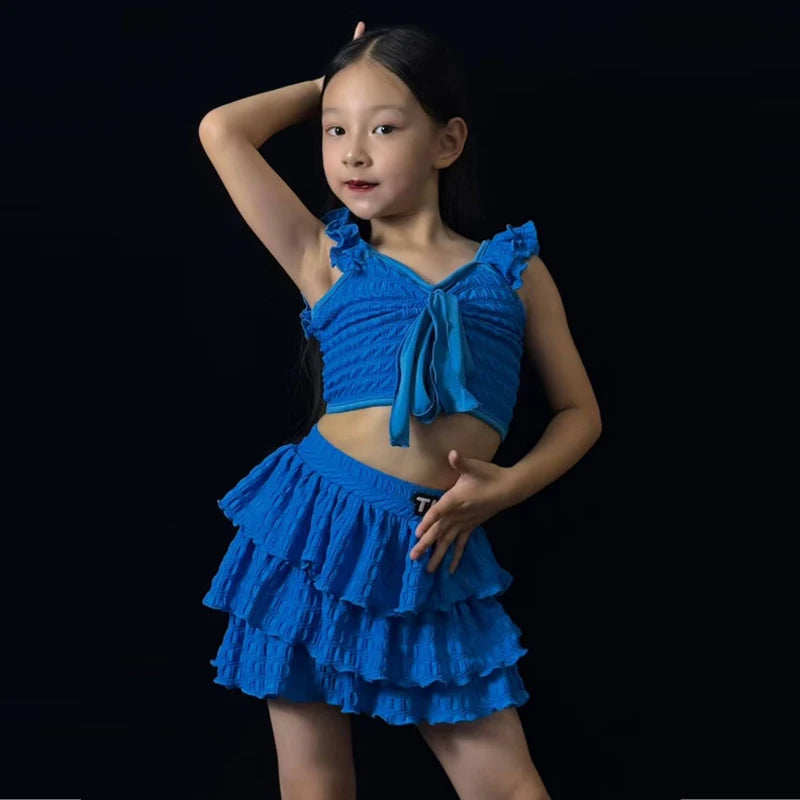 Girls Blue Ruffled Crop Top and Tiered Skirt Dancewear Set, Polyester Spandex