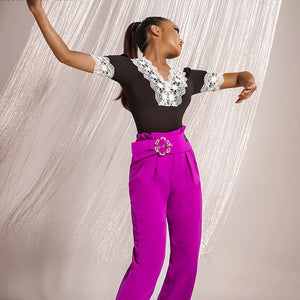 Women's Black and White Lace Leotard with Puff Sleeves, Latin Dance