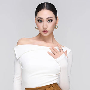 Women's Off-Shoulder Long Sleeve Dance Top, White, Black, or Tan, with High-Waisted Wide Leg Trousers, Brown, Grey, or Black, for Latin Ballroom Dance