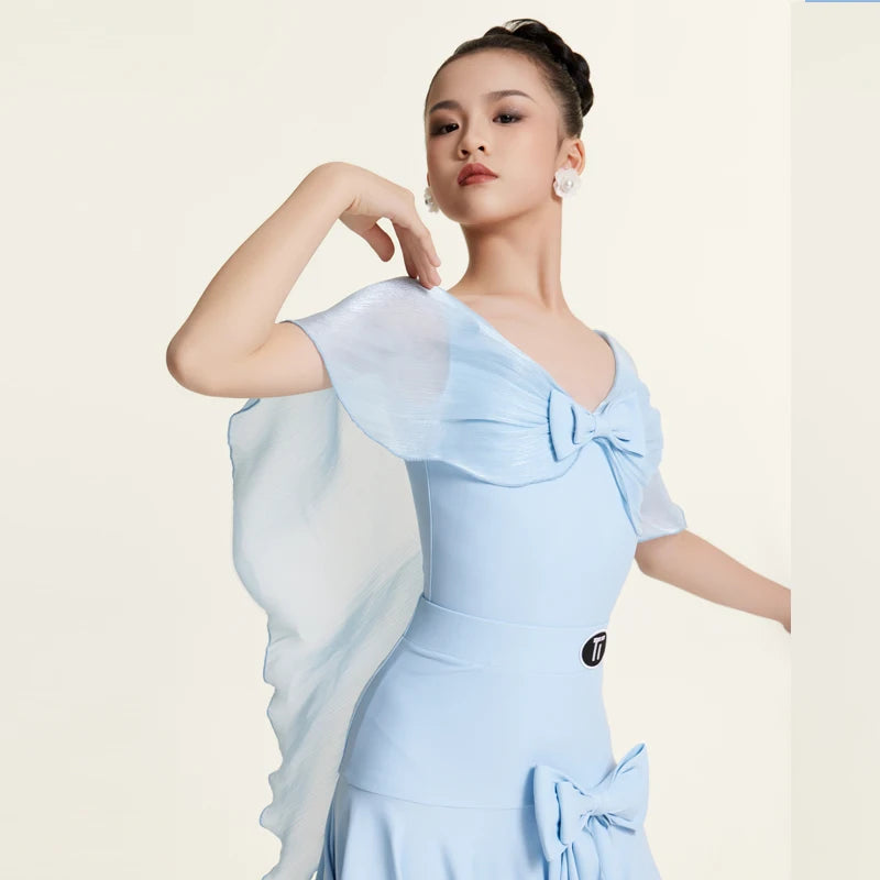 Girls' Light Blue Ballroom Latin Dance Dress with Chiffon Cape Sleeves and Bow Detail