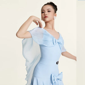 Girls' Light Blue Ballroom Latin Dance Dress with Chiffon Cape Sleeves and Bow Detail
