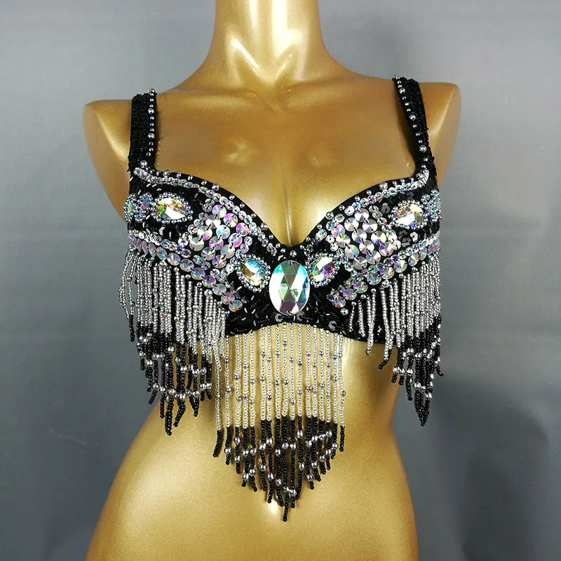 Women's Black Sequin Beaded Fringe Belly Dance Bra Top