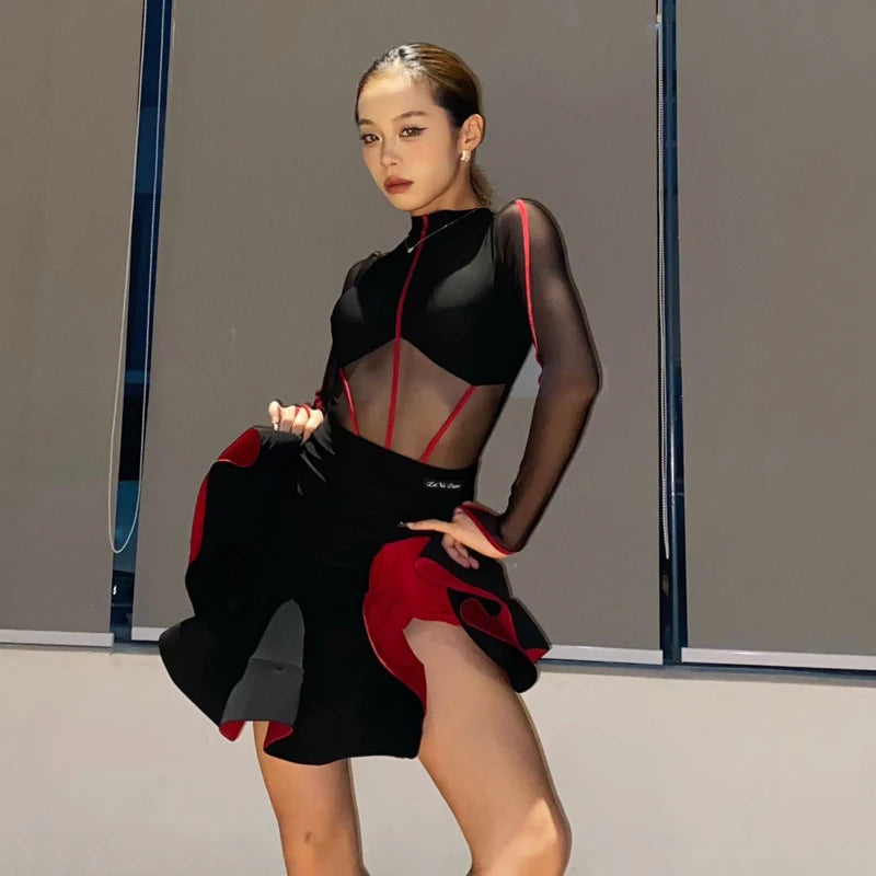 Women's Black & Red Mesh Cutout Latin Dance Dress with Open Back