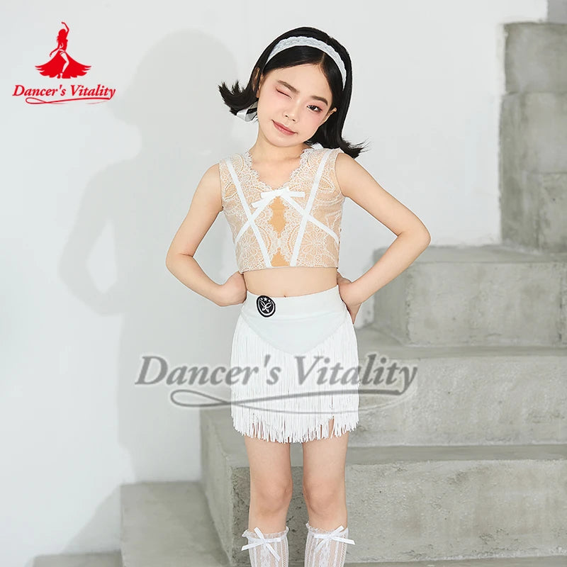 Kids Girls Black Lace Crop Top Fringe Skirt Latin Dance Costume