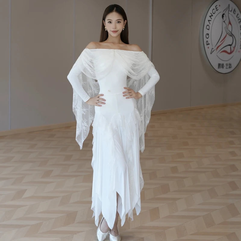 Women's White Off-Shoulder Long Sleeve Lace Ballroom Dance Dress with Asymmetrical Skirt