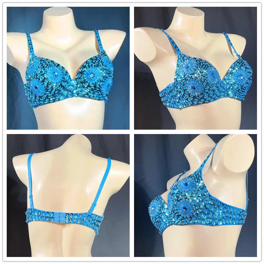 Sequin Beaded Dance Bra Top, Women's, Pink, Blue, Purple, Black, Embellished, Belly Dance