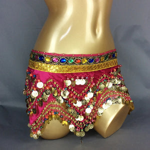 Belly Dance Hip Scarf, Women's Blue Gold Coin & Jewel Embellished Chiffon Waist Wrap, Tribal Fusion Bellydance