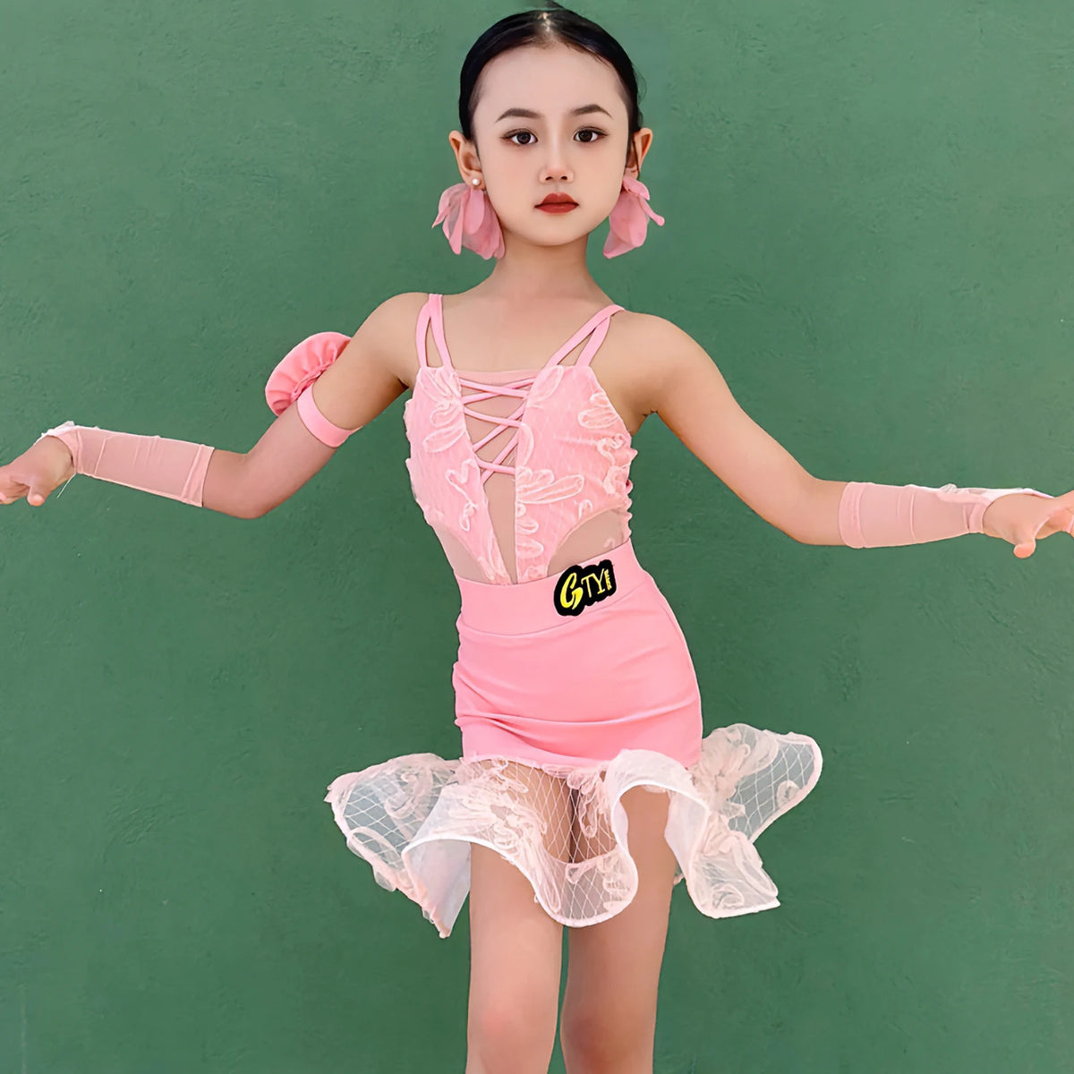 Girls Pink Lace Floral Mesh Latin Dance Dress with Arm Sleeves and Skirt Ruffle