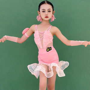 Girls Pink Lace Floral Mesh Latin Dance Dress with Arm Sleeves and Skirt Ruffle