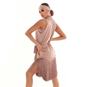Women's Nude Sleeveless High-Neck Ruffled Fringe Latin Dance Dress