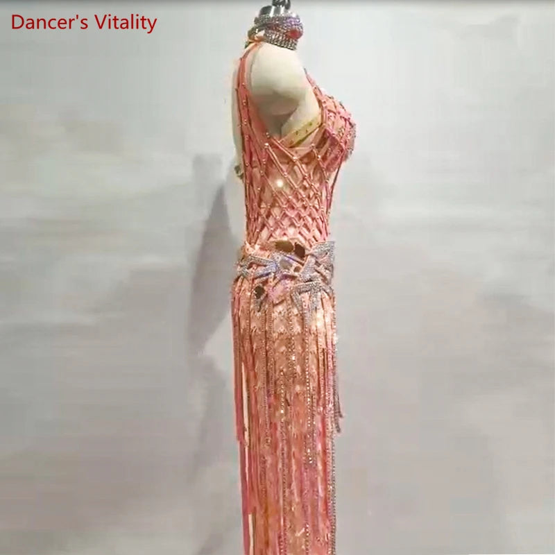 Belly Dance Costume Women's Pink Sequin Rhinestone Cutout Halter Bra & Skirt Set with Arm Cuffs