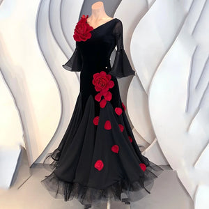 Women's Black Velvet & Chiffon Ballroom Dance Dress with Red Rose Appliques