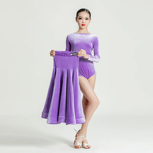 Girls' Velvet Long Sleeve Leotard & Skirt Set, Ballroom Latin Dance Costume