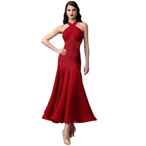 Women's Red Halter Neck Ballroom Dance Dress with Mesh Panels and Flowy Skirt