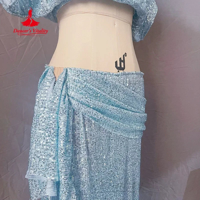 Women's Light Blue Sequin Two-Piece Crop Top and Skirt Set with Draped Detail for Belly Dance