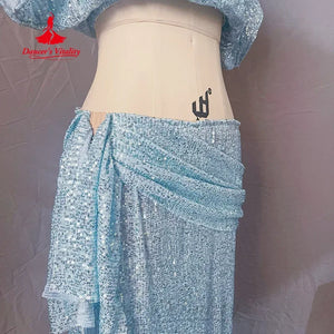 Women's Light Blue Sequin Two-Piece Crop Top and Skirt Set with Draped Detail for Belly Dance