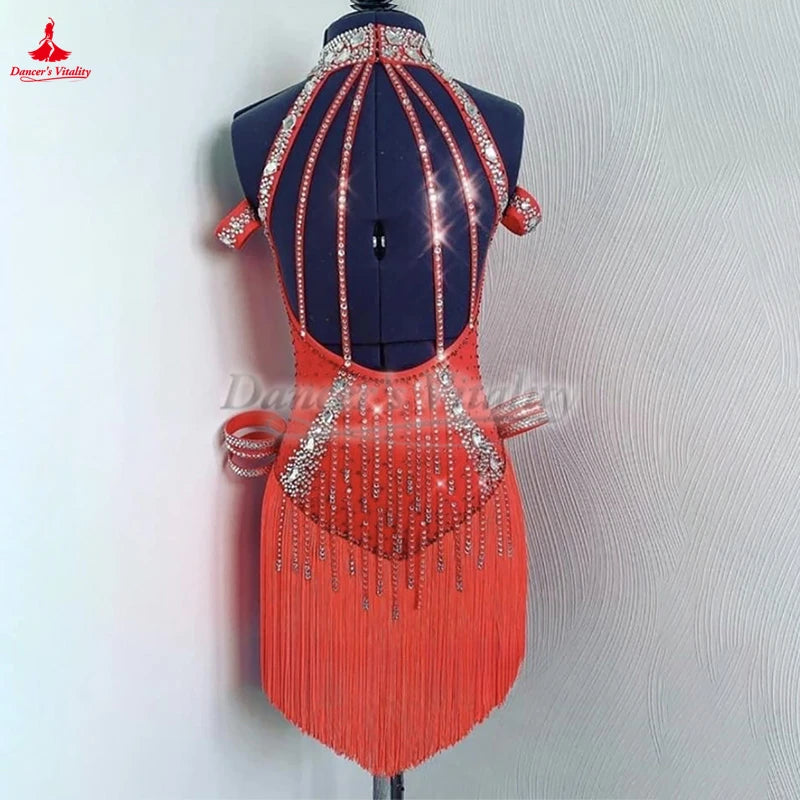 Women's Latin Ballroom Dress With High Neck Tassels and AB Rhinestones, Red, Cha-Cha Samba Rumba Competition