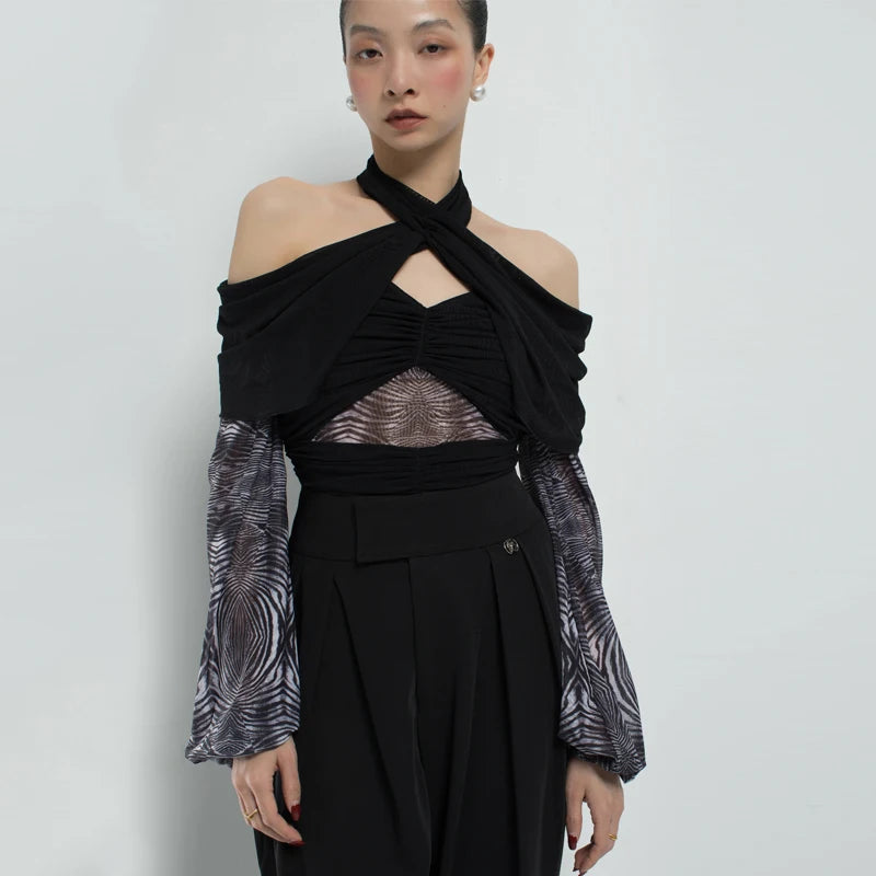 Women's Black Halter Off-Shoulder Ruched Mesh Top with Zebra Print Sleeves, Contemporary Dance