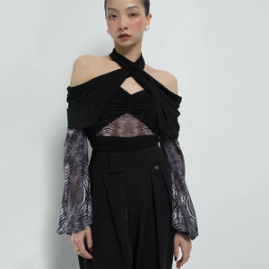 Women's Black Halter Off-Shoulder Ruched Mesh Top with Zebra Print Sleeves, Contemporary Dance