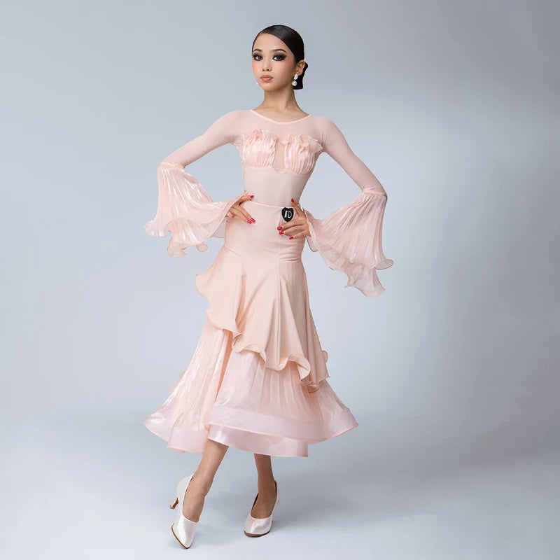 Women's Peach Ruffled Mesh Long Sleeve Ballroom Dance Dress with Layered Skirt