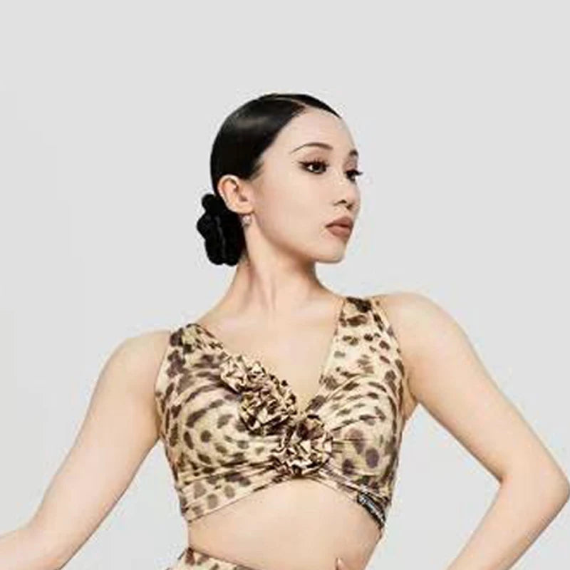 Women's Leopard Print Pink Fringe Latin Dance Dress, Mesh Sleeves