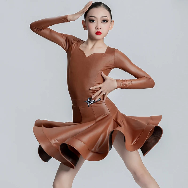 Girls Latin Dance Dress, Brown Red Black White Faux Leather Long Sleeve Skirt