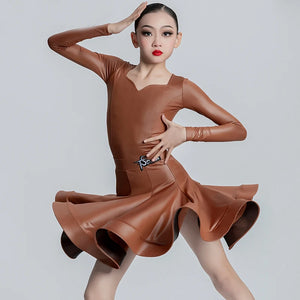 Girls Latin Dance Dress, Brown Red Black White Faux Leather Long Sleeve Skirt