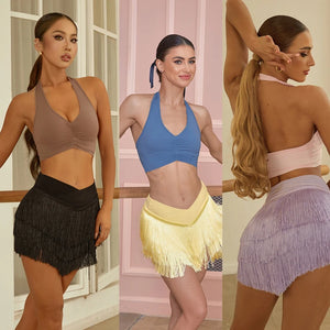 Women's Halter Neck Ruched Crop Top & Layered Fringe Latin Dance Skirt Set