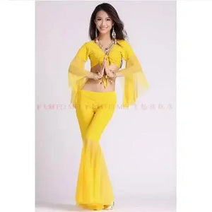 Belly Dance Costume Women's Purple Chiffon Long Sleeve Crop Top and Flare Pants Set