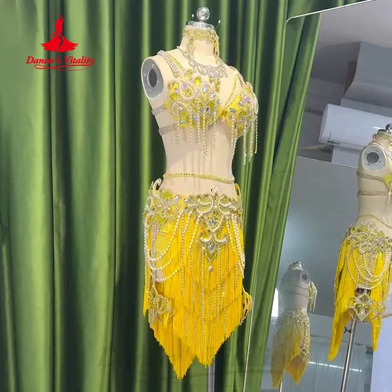 Belly Dance Costume Set With Pearl-Embellished Bra And Tassel Skirt For Adult & Kids Performance
