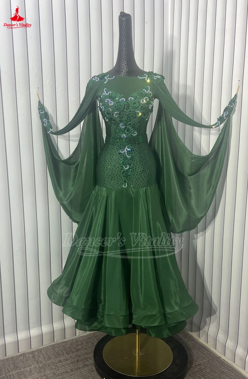 Women's Ballroom Standard Performance Dance Dress Bottle Green For Competition
