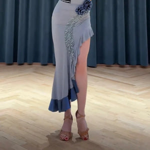 Women's Blue Ruffled Asymmetrical Hem Latin Dance Dress with Headband, Arm Sleeve & Floral Detail