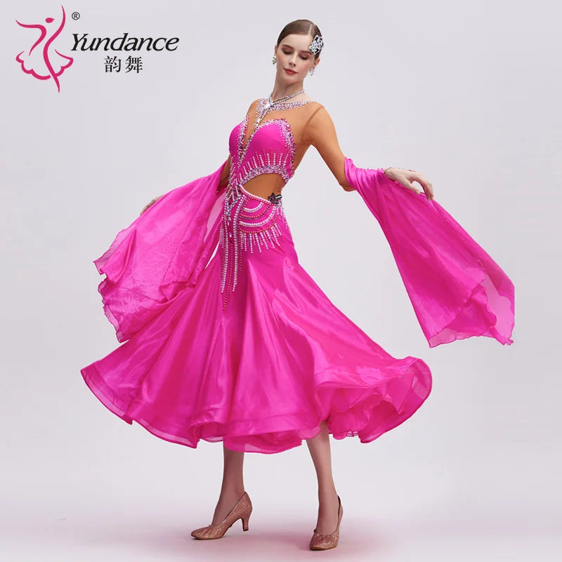 Women's Standard Ballroom Dance Dress Pearl Silk Rose Red For Competition
