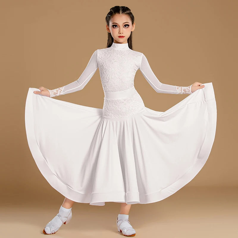 Girls White and Mint Green Lace Long Sleeve Ballroom Dance Dress