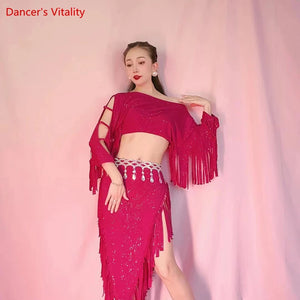 Women's Fuchsia Sequin Fringe Off-Shoulder Crop Top & Skirt Belly Dance Costume
