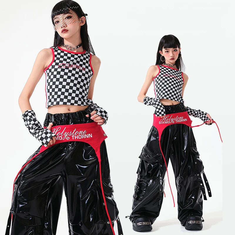 Dance Costume Girls Black White Red Checkered Crop Top Shiny PU Cargo Pants Hip Hop Street Dance