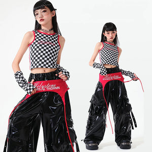 Dance Costume Girls Black White Red Checkered Crop Top Shiny PU Cargo Pants Hip Hop Street Dance