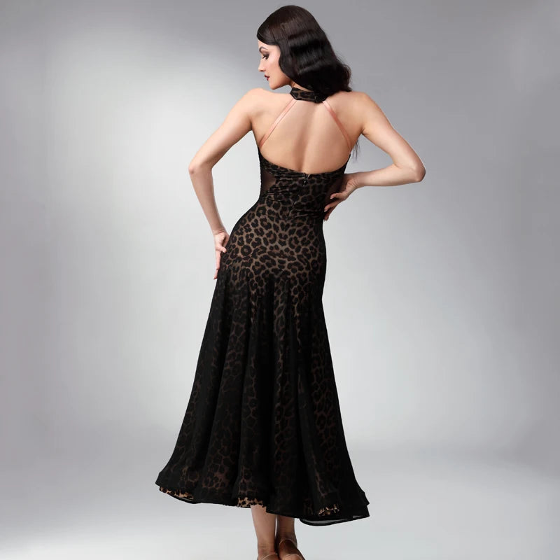 Women's Black Leopard Print Mesh Halterneck Ballroom Dance Dress