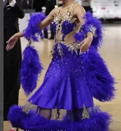 Women's Royal Blue Feathered and Bejeweled Ballroom Dance Dress