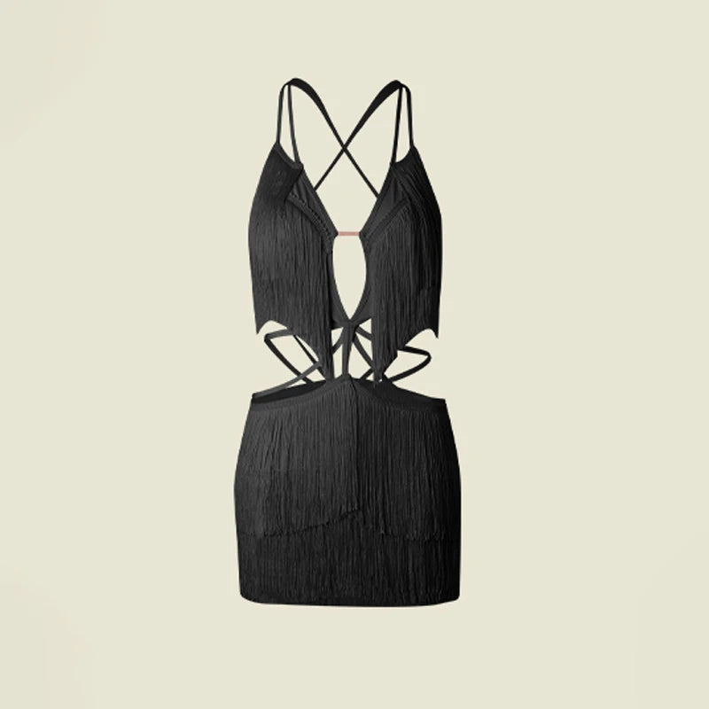 Lyrical Dance Dress Women's Pink Fringe Cutout Halter Mini Dress, Latin Dance Dress Women's Black Fringe Cutout Halter Mini Dress, Latin Dance Dress Women's White Fringe Cutout Halter Mini Dress
